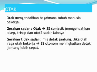 Otak mengendalikan bagaimana tubuh manusia
bekerja.
Gerakan sadar : Otak  SS somatik (mengendalikan
bisep, trisep dan otot2 sadar lainnya
Gerakan tidak sadar : mis detak jantung. Jika olah
raga otak bekerja  SS otonom meningkatkan detak
jantung lebih cepat.
OTAK
 