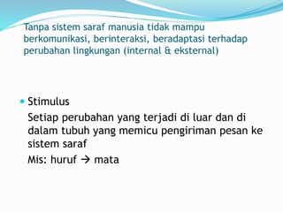 Tanpa sistem saraf manusia tidak mampu
berkomunikasi, berinteraksi, beradaptasi terhadap
perubahan lingkungan (internal & eksternal)
 Stimulus
Setiap perubahan yang terjadi di luar dan di
dalam tubuh yang memicu pengiriman pesan ke
sistem saraf
Mis: huruf  mata
 