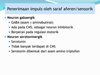 Penerimaan impuls oleh saraf aferen/sensorik
 Neuron gabaergik
 GABA (asam g–aminobutirat)
 Ada pada CNS, sebagai neuron inhibitorik
 Berperan pada regulasi motorik
 Neuron serotoninergik
 Serotonin
 Tidak banyak terdapat di CNS
 Serotonin dibentuk dari asam amino triptofan
Penerimaan impuls oleh saraf aferen/sensorik
 