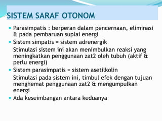 SISTEM SARAF OTONOM
 Parasimpatis : berperan dalam pencernaan, eliminasi
& pada pembaruan suplai energi
 Sistem simpatis = sistem adrenergik
Stimulasi sistem ini akan menimbulkan reaksi yang
meningkatkan penggunaan zat2 oleh tubuh (aktif &
perlu energi)
 Sistem parasimpatis = sistem asetilkolin
Stimulasi pada sistem ini, timbul efek dengan tujuan
menghemat penggunaan zat2 & mengumpulkan
energi
 Ada keseimbangan antara keduanya
 