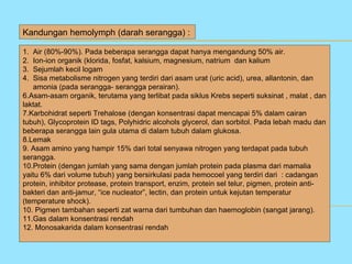 Kandungan hemolymph (darah serangga) :

1. Air (80%-90%). Pada beberapa serangga dapat hanya mengandung 50% air.
2. Ion-ion organik (klorida, fosfat, kalsium, magnesium, natrium dan kalium
3. Sejumlah kecil logam
4. Sisa metabolisme nitrogen yang terdiri dari asam urat (uric acid), urea, allantonin, dan
   amonia (pada serangga- serangga perairan).
6.Asam-asam organik, terutama yang terlibat pada siklus Krebs seperti suksinat , malat , dan
laktat.
7.Karbohidrat seperti Trehalose (dengan konsentrasi dapat mencapai 5% dalam cairan
tubuh), Glycoprotein ID tags, Polyhidric alcohols glycerol, dan sorbitol. Pada lebah madu dan
beberapa serangga lain gula utama di dalam tubuh dalam glukosa.
8.Lemak
9. Asam amino yang hampir 15% dari total senyawa nitrogen yang terdapat pada tubuh
serangga.
10.Protein (dengan jumlah yang sama dengan jumlah protein pada plasma dari mamalia
yaitu 6% dari volume tubuh) yang bersirkulasi pada hemocoel yang terdiri dari : cadangan
protein, inhibitor protease, protein transport, enzim, protein sel telur, pigmen, protein anti-
bakteri dan anti-jamur, “ice nucleator”, lectin, dan protein untuk kejutan temperatur
(temperature shock).
10. Pigmen tambahan seperti zat warna dari tumbuhan dan haemoglobin (sangat jarang).
11.Gas dalam konsentrasi rendah
12. Monosakarida dalam konsentrasi rendah
 