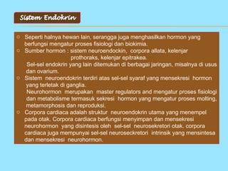 o Seperti halnya hewan lain, serangga juga menghasilkan hormon yang
  berfungsi mengatur proses fisiologi dan biokimia.
o Sumber hormon : sistem neuroendockin, corpora allata, kelenjar
                     prothoraks, kelenjar epitrakea.
   Sel-sel endokrin yang lain ditemukan di berbagai jaringan, misalnya di usus
   dan ovarium.
o Sistem neuroendokrin terdiri atas sel-sel syaraf yang mensekresi hormon
   yang terletak di ganglia.
   Neurohormon merupakan master regulators and mengatur proses fisiologi
   dan metabolisme termasuk sekresi hormon yang mengatur proses molting,
   metamorphosis dan reproduksi.
o Corpora cardiaca adalah struktur neuroendokrin utama yang menempel
  pada otak. Corpora cardiaca berfungsi menyimpan dan mensekresi
  neurohormon yang disintesis oleh sel-sel neurosekretori otak. corpora
  cardiaca juga mempunyai sel-sel neuroseckretori intrinsik yang mensintesa
  dan mensekresi neurohormon.
 