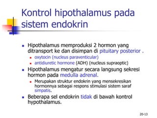 20-13
Kontrol hipothalamus pada
sistem endokrin
 Hipothalamus memproduksi 2 hormon yang
ditransport ke dan disimpan di pituitary posterior .
 oxytocin (nucleus paraventicular)
 antidiuretic hormone (ADH) (nucleus supraoptic)
 Hipothalamus mengatur secara langsung sekresi
hormon pada medulla adrenal.
 Merupakan struktur endokrin yang mensekresikan
hormonnya sebagai respons stimulasi sistem saraf
simpatis.
 Beberapa sel endokrin tidak di bawah kontrol
hypothalamus.
 