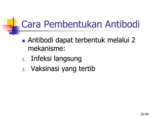 Cara Pembentukan Antibodi
 Antibodi dapat terbentuk melalui 2
mekanisme:
1. Infeksi langsung
2. Vaksinasi yang tertib
20-49
 