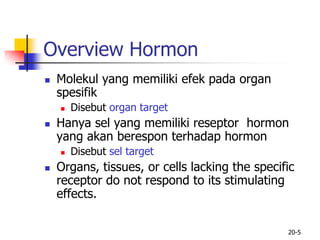 20-5
Overview Hormon
 Molekul yang memiliki efek pada organ
spesifik
 Disebut organ target
 Hanya sel yang memiliki reseptor hormon
yang akan berespon terhadap hormon
 Disebut sel target
 Organs, tissues, or cells lacking the specific
receptor do not respond to its stimulating
effects.
 
