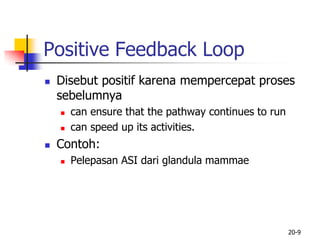 20-9
Positive Feedback Loop
 Disebut positif karena mempercepat proses
sebelumnya
 can ensure that the pathway continues to run
 can speed up its activities.
 Contoh:
 Pelepasan ASI dari glandula mammae
 