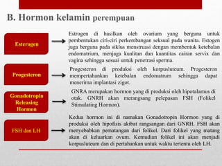 Esterogen
FSH dan LH
Progesteron
Gonadotropin
Releasing
Hormon
GNRA merupakan hormon yang di produksi oleh hipotalamus di
otak. GNRH akan merangsang pelepasan FSH (Folikel
Stimulating Hormon).
Progesteron di produksi oleh korpusluteum. Progesteron
mempertahankan ketebalan endomatrum sehingga dapat
menerima implantasi zigot.
Estrogen di hasilkan oleh ovarium yang berguna untuk
pembentukan ciri-ciri perkembangan seksual pada wanita. Estogen
juga berguna pada siklus menstruasi dengan membentuk ketebalan
endomatrium, menjaga kualitan dan kuantitas cairan servix dan
vagina sehingga sesuai untuk penetrasi sperma.
Kedua hormon ini di namakan Gonadotropin Hormon yang di
produksi oleh hipofisis akibat rangsangan dari GNRH. FSH akan
menyebabkan pematangan dari folikel. Dari folikel yang matang
akan di keluarkan ovum. Kemudian folikel ini akan menjadi
korpusluteum dan di pertahankan untuk waktu tertentu oleh LH.
B. Hormon kelamin perempuan
 