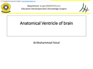 Anatomical Ventricle of brain
dr.Muhammad Faisal
Department SurgeryRSMH/FKUnsri
Education DoctorSpecialist-1Knowledge Surgery
Translated from Indonesian to English - www.onlinedoctranslator.com
 