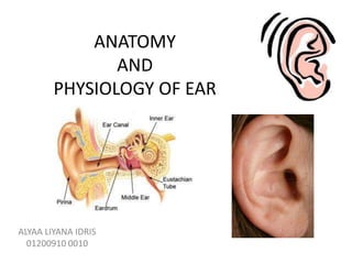 ANATOMY
AND
PHYSIOLOGY OF EAR
ALYAA LIYANA IDRIS
01200910 0010
 