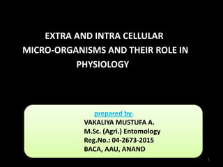 EXTRA AND INTRA CELLULAR
MICRO-ORGANISMS AND THEIR ROLE IN
PHYSIOLOGY
prepared by:
VAKALIYA MUSTUFA A.
M.Sc. (Agri.) Entomology
Reg.No.: 04-2673-2015
BACA, AAU, ANAND
1
 