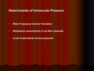 Determinants of Intraocular Pressure

•

Rate of aqueous humour formation

•

Resistance encountered in out flow channels

•

Level of epi-scleral venous pressure

 