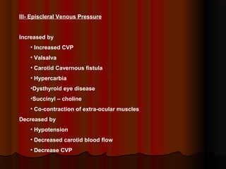 III- Episcleral Venous Pressure

Increased by
• Increased CVP
• Valsalva
• Carotid Cavernous fistula
• Hypercarbia
•Dysthyroid eye disease
•Succinyl – choline
• Co-contraction of extra-ocular muscles
Decreased by
• Hypotension
• Decreased carotid blood flow
• Decrease CVP

 