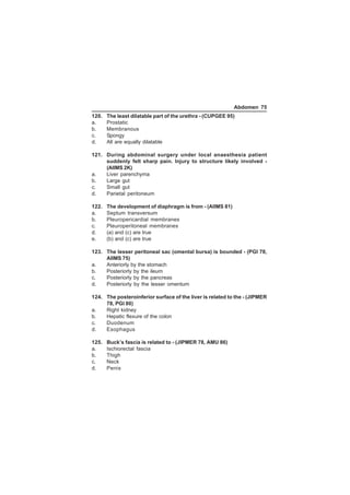 Abdomen 75 
120. The least dilatable part of the urethra - (CUPGEE 95) 
a. Prostatic 
b. Membranous 
c. Spongy 
d. All are equally dilatable 
121. During abdominal surgery under local anaesthesia patient 
suddenly felt sharp pain. Injury to structure likely involved - 
(AIIMS 2K) 
a. Liver parenchyma 
b. Large gut 
c. Small gut 
d. Parietal peritoneum 
122. The development of diaphragm is from - (AIIMS 81) 
a. Septum transversum 
b. Pleuropericardial membranes 
c. Pleuroperitoneal membranes 
d. (a) and (c) are true 
e. (b) and (c) are true 
123. The lesser peritoneal sac (omental bursa) is bounded - (PGI 78, 
AIIMS 75) 
a. Anteriorly by the stomach 
b. Posteriorly by the ileum 
c. Posteriorly by the pancreas 
d. Posteriorly by the lesser omentum 
124. The posteroinferior surface of the liver is related to the - (JIPMER 
78, PGI 80) 
a. Right kidney 
b. Hepatic flexure of the colon 
c. Duodenum 
d. Esophagus 
125. Buck’s fascia is related to - (JIPMER 78, AMU 86) 
a. Ischiorectal fascia 
b. Thigh 
c. Neck 
d. Penis 
 