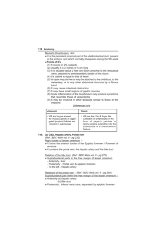 118 Anatomy 
Meckel’s Diverticulum ilei) 
♦ It is the persistent proximal part of the vitellointestinal duct, present 
in the embryo, and which normally disappears during the 6th week 
♦Points of 2’s 
(1) It occurs in 2% subjects 
(2) Usually it is 2 inches or 5 cm long 
(3) It is situated about 2 feet (or) 60cm proximal to the ileocaecal 
valve, attached to antimesenteric border of the ileum 
(4) It’s calibre is equal to that of ileum 
(5) Its apex may be free or may be attached to the umbilicus, to the 
mesentery, or to any other abdominal structure by a fibrous 
band 
(6) It may cause intestinal obstruction 
(7) It may have small regions of gastric mucosa 
(8) Acute inflammation of the diverticulum may produce symptoms 
that resemble those of appendicitis 
(9) It may be involved in other diseases similar to those of the 
intestine 
Differences b/w 
Jejunum Ileum 
- Villi are tongue shaped - Villi are few, thin  finger like 
- No mucous glands or aggre- - Collection of lymphocytes in the 
gated lymphoid follicles are form of peyer’s patches in 
present in submucosa lamina propria extending into the 
submucosa is a characteristic 
feature 
148. (a) CBD, Hepatic artery, Portal vein 
(Ref : BDC 4th/e vol. II - pg 232) 
Right border of lesser omentum :- 
♦ It forms the anterior border of the Epiploic foramen / Foramen of 
winslow 
♦ It contains the portal vein, the hepatic artery and the bile duct 
Relation of the bile duct (Ref : BDC 4th/e vol. II - pg 275) 
♦ Supraduodenal parts in the free margin of lesser omentum 
- Anteriorly - liver 
- Posteriorly - Portal vein  epiploic foramen 
- To the left - Hepatic artery 
Relations of the portal vein : (Ref : BDC 4th/e vol. II - pg 269) 
Supraduodenal part within the free margin of the lesser omentum :- 
♦ Anteriorly (a) Hepatic artery 
(b) Bile duct 
♦ Posteriorly : Inferior vena cava, separated by epiploic foramen 
 