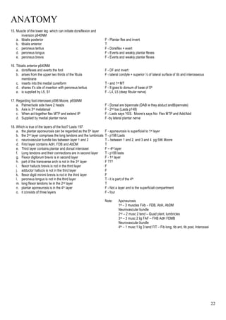 ANATOMY
22
15. Muscle of the lower leg which can initiate dorsiflexion and
inversion p640NM
a. tibialis posterior F - Plantar flex and invert
b. tibialis anterior T
c. peroneus tertius F - Dorsiflex + evert
d. peroneus longus F - Everts and weakly plantar flexes
e. peroneus brevis F - Everts and weakly plantar flexes
16. Tibialis anterior p640NM
a. dorsiflexes and everts the foot F - DF and invert
b. arises from the upper two thirds of the fibula F - lateral condyle + superior ½ of lateral surface of tib and interosseous
membrane
c. inserts into the medial cuneiform T - and 1st MT
d. shares it’s site of insertion with peroneus tertius F - It goes to dorsum of base of 5th
e. is supplied by L5, S1 F - L4, L5 (deep fibular nerve)
17. Regarding foot interossei p596 Moore, p658NM
a. Palmer/sole side have 2 heads F - Dorsal are bipennate (DAB ie they abduct andBipennate)
b. Axis is 3rd metatarsal F - 2nd toe (Lasts p148)
c. When act together flex MTP and extend IP F - Lasts says YES. Moore’s says No: Flex MTP and Add/Abd
d. Supplied by medial planter nerve F -by lateral plantar nerve
18. Which is true of the layers of the foot? Lasts 197
a. the plantar aponeurosis can be regarded as the 5th layer F - aponeurosis is superficial to 1st layer
b. the 2nd layer comprises the long tendons and the lumbricals T - p198 Lasts
c. neurovascular bundle lies between layer 1 and 2 T – between 1 and 2, and 3 and 4 pg 596 Moore
d. First layer contains AbH, FDB and AbDM T
e. Third layer contains plantar and dorsal interossei F – 4th layer
f. Long tendons and their connections are in second layer T - p199 lasts
g. Flexor digitorum brevis is in second layer F - 1st layer
h. part of the transverse arch is not in the 3rd layer F ???
i. flexor hallucis brevis is not in the third layer F
j. adductor hallucis is not in the third layer F
k. flexor digiti minimi brevis is not in the third layer F
l. peroneus longus is not in the third layer T - it is part of the 4th
m. long flexor tendons lie in the 2nd layer T
n. plantar aponeurosis is in the 4th layer F - Not a layer and is the superficiall compartment
o. it consists of three layers F - four
Note: Aponeurosis
1st – 3 muscles FAb – FDB, AbH, AbDM
Neurovascular bundle
2nd – 2 musc 2 tend – Quad plant, lumbricles
3rd – 3 musc 2 lig FAF – FHB AdH FDMB
Neurovascular bundle
4th – 1 musc 1 lig 3 tend FIT – Fib long, tib ant, tib post, Interossei
 