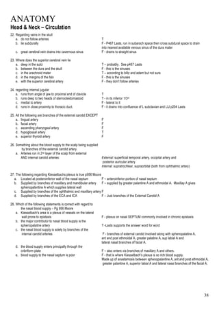 ANATOMY
38
Head & Neck – Circulation
22. Regarding veins in the skull
a. do not follow arteries T
b. lie subdurally F - P467 Lasts, run in subarach space then cross subdural space to drain
into nearest available venous sinus of the dura mater
c. great cerebral vein drains into cavernous sinus F - drains to straight sinus
23. Where does the superior cerebral vein lie
a. deep in the sulci T – probably. See p467 Lasts
b. between the dura and the skull F - this is the sinuses
c. in the arachnoid mater T – according to blitz and adam but not sure
d. in the margins of the falx F - this is the sinuses
e. with the superior cerebral artery F - they don’t follow arteries
24. regarding internal jugular
a. runs from angle of jaw to proximal end of clavicle T
b. runs deep to two heads of sternocleidomastoid T - in its inferior 1/3rd
c. medial to artery F - lateral to it
d. runs in close proximity to thoracic duct. F - it drains into confluence of L subclavian and LIJ p204 Lasts
25. All the following are branches of the external carotid EXCEPT
a. lingual artery F
b. facial artery F
c. ascending pharyngeal artery F
d. hypoglossal artery T
e. superior thyroid artery F
26. Something about the blood supply to the scalp being supplied
by branches of the external carotid artery
a. Arteries run in 2nd layer of the scalp from external
AND internal carotid arteries: External: superficial temporal artery, occipital artery and
posterior auricular artery
Internal: supratrochlear, supraorbital (both from ophthalmic artery)
27. The following regarding Kiesselbachs plexus is true p956 Moore
a. Located at posteroinferior wall of the nasal septum F – anteroinferior portion of nasal septum
b. Supplied by branches of maxillary and mandibular artery F – supplied by greater palantine A and ethmoidal A. Maxillay A gives
sphenopalantine A which supplies lateral wall
c. Supplied by branches of the ophthalmic and maxillary artery F
d. Supplied by branches of the ECA and ICA F – Just branches of the External Carotid A
28. Which of the following statements is correct with regard to
the nasal blood supply – Pg 956 Moore
a. Kiesselbach's area is a plexus of vessels on the lateral
wall prone to epistaxis F - plexus on nasal SEPTUM commonly involved in chronic epistaxis
b. the major contributor to nasal blood supply is the
sphenopalatine artery T -Lasts supports the answer word for word
c. the nasal blood supply is solely by branches of the
internal carotid arteries F - branches of external carotid involved along with sphenopalatine A,
ant and post ethmoidal A, greater palatine A, sup labial A and
lateral nasal branches of facial A.
d. the blood supply enters principally through the
cribriform plate F – also enters via branches of maxillary A and others.
e. blood supply to the nasal septum is poor F - that is where Kiesselbach’s plexus is so rich blood supply.
Made up of anastamosis between sphenopalantine A, ant and post ethmoidal A,
greater palantine A, superior labial A and lateral nasal branches of the facial A.
 