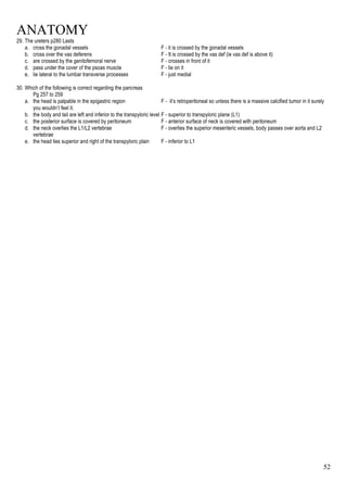 ANATOMY
52
29. The ureters p280 Lasts
a. cross the gonadal vessels F - it is crossed by the gonadal vessels
b. cross over the vas deferens F - It is crossed by the vas def (ie vas def is above it)
c. are crossed by the genitofemoral nerve F - crosses in front of it
d. pass under the cover of the psoas muscle F - lie on it
e. lie lateral to the lumbar transverse processes F - just medial
30. Which of the following is correct regarding the pancreas
Pg 257 to 259
a. the head is palpable in the epigastric region F - it’s retroperitoneal so unless there is a massive calcified tumor in it surely
you wouldn’t feel it.
b. the body and tail are left and inferior to the transpyloric level F - superior to transpyloric plane (L1)
c. the posterior surface is covered by peritoneum F - anterior surface of neck is covered with peritoneum
d. the neck overlies the L1/L2 vertebrae F - overlies the superior mesenteric vessels, body passes over aorta and L2
vertebrae
e. the head lies superior and right of the transpyloric plain F - inferior to L1
 
