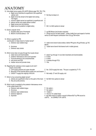 ANATOMY
6
12. Ulna digital nerve supply p78 LASTS (Moore page 782, 783, 774)
a. digital nerve branches lie superficial to the superficial
palmar arch F - No they lie deep to it.
b. digital nerve lies dorsal to the digital nerve along
the fingers T
c. common digital nerves lie superficial to superficial arch F
d. palmar nerves only supply palmar surface F
e. digital nerves are only sensory. T
f. digital nerve lie posterior to digital artery F - NO. it is NAV palmar to dorsal
13. Dorsal scapular nerve
a. Supplies deep part of rhomboids T - pg 695 Moore (and levator scapulae)
b. Branch of cervical plexus – C4 F - (kinda true but not best answer – arises chiefly from post aspect of ventral
ramus C5 with frequent contribution from C4) pg 708-moore
14. What is supplied by PIN
(continuation of deep branch of radial nerve)?
a. Extensor carpi radialis longs F– radial nerve branch above elbow, before PIN given off pg 99 lasts, pg 742
Moore
b. Anconeus F – radial nerve branch that leaves trunk in radial groove)
c. Extensor carpi ulnaris T
15. Which nerve does not pass through the muscle shown
a. radial nerve and brachiradialis F - doesn’t go through. It runs btwn brachialis and brachioradialis
b. posterior interosseous nerve and supinator T - It does
c. musculocutaneous and coracobrachials T - It does
d. ulna nerve and FDS F - it passes through FCU
e. median nerve and pronator teres T - Yes.
16. Regarding the cutaneous nerve supply to arm and f
orearm (moore 682)
a. C3/4 supply pectoral and upper shoulder F - No. C3/C4 supply the neck. The pec is supplied by T1-T5
b. Branches of the brachial plexus supply arm and forearm T
c. C4/5/6 T1 supply the majority of the arm F - Not really. C7 and C8 supply a lot
17. Which is true concerning digital nerves?
a. arteries are superficial to them on the palm of the hand F - No NAV from palmar to dorsal
b. they are purely sensory T
18. Which mucle is supplied by the posterior interosseous nerve
in the cubital fossa p742
a. Extensor carpi radialis longus F - No radial n
b. Anconeus F - No radial n
c. Extensor carpi radialis brevis F - ?radial n
d. Extensor digitorum T - Yes but ?in cubital fossa
e. Supinator F - By deep branch of radial n accord to Moore BUT by PIN accord to
LASTS…. Ie CORRECT BY LASTS
 