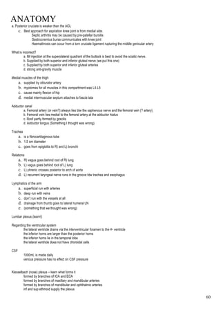 ANATOMY
60
a. Posterior cruciate is weaker than the ACL
c. Best approach for aspiration knee joint is from medial side.
Septic arthritis may be caused by pre-patellar bursitis
Gastrocnemius bursa communicates with knee joint
Haemathrosis can occur from a torn cruciate ligament rupturing the middle genicular artery
What is incorrect?
a. IM injection at the superolateral quadrant of the buttock is best to avoid the sciatic nerve.
b. Supplied by both superior and inferior gluteal nerve (we put this one)
c. Supplied by both superior and inferior gluteal arteries
d. strong anti-gravity muscle
Medial muscles of the thigh
a. supplied by obturator artery
b. myotomes for all muscles in this compartment was L4-L5
c. cause mainly flexion of hip
d. medial intermuscular septum attaches to fascia lata
Adductor canal
a. Femoral artery (or vein?) always lies btw the saphenous nerve and the femoral vein (? artery)
b. Femoral vein lies medial to the femoral artery at the adductor hiatus
c. Roof partly formed by gracilis
d. Adductor longus (Something I thought was wrong)
Trachea
a. is a fibrocartilaginous tube
b. 1.5 cm diameter
c. goes from epiglottis to R) and L) bronchi
Relations
a. R) vagus goes behind root of R) lung
b. L) vagus goes behind root of L) lung
c. L) phrenic crosses posterior to arch of aorta
d. L) recurrent laryngeal nerve runs in the groove btw trachea and esophagus
Lymphatics of the arm
a. superficial run with arteries
b. deep run with veins
c. don’t run with the vessels at all
d. drainage from thumb goes to lateral humeral LN
e. (something that we thought was wrong)
Lumbar plexus (learn!)
Regarding the ventricular system
the lateral ventricle drains via the interventricular foramen to the 4th ventricle
the inferior horns are larger than the posterior horns
the inferior horns lie in the temporal lobe
the lateral ventricle does not have choroidal cells
CSF
1000mL is made daily
venous pressure has no effect on CSF pressure
Kiesselbach (nose) plexus – learn what forms it
formed by branches of ICA and ECA
formed by branches of maxillary and mandibular arteries
formed by branches of mandibular and ophthalmic arteries
inf and sup ethmoid supply the plexus
 
