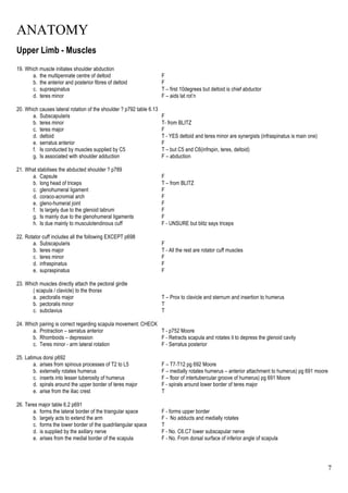 ANATOMY
7
Upper Limb - Muscles
19. Which muscle initiates shoulder abduction
a. the multipennate centre of deltoid F
b. the anterior and posterior fibres of deltoid F
c. supraspinatus T – first 10degrees but deltoid is chief abductor
d. teres minor F – aids lat rot’n
20. Which causes lateral rotation of the shoulder ? p792 table 6.13
a. Subscapularis F
b. teres minor T- from BLITZ
c. teres major F
d. deltoid T - YES deltoid and teres minor are synergists (infraspinatus is main one)
e. serratus anterior F
f. Is conducted by muscles supplied by C5 T – but C5 and C6(infrspin, teres, deltoid)
g. Is associated with shoulder adduction F – abduction
21. What stabilises the abducted shoulder ? p789
a. Capsule F
b. long head of triceps T – from BLITZ
c. glenohumeral ligament F
d. coraco-acromial arch F
e. gleno-humeral joint F
f. Is largely due to the glenoid labrum F
g. Is mainly due to the glenohumeral ligaments F
h. Is due mainly to musculotendinous cuff F - UNSURE but blitz says triceps
22. Rotator cuff includes all the following EXCEPT p698
a. Subscapularis F
b. teres major T - All the rest are rotator cuff muscles
c. teres minor F
d. infraspinatus F
e. supraspinatus F
23. Which muscles directly attach the pectoral girdle
( scapula / clavicle) to the thorax
a. pectoralis major T – Prox to clavicle and sternum and insertion to humerus
b. pectoralis minor T
c. subclavius T
24. Which pairing is correct regarding scapula movement: CHECK
a. Protraction – serratus anterior T - p752 Moore
b. Rhomboids – depression F - Retracts scapula and rotates it to depress the glenoid cavity
c. Teres minor - arm lateral rotation F - Serratus posterior
25. Latimus dorsi p692
a. arises from spinous processes of T2 to L5 F – T7-T12 pg 692 Moore
b. externelly rotates humerus F – medially rotates humerus – anterior attachment to humerus) pg 691 moore
c. inserts into lesser tuberosity of humerus F – floor of intertubercular groove of humerus) pg 691 Moore
d. spirals around the upper border of teres major F - spirals around lower border of teres major
e. arise from the iliac crest T
26. Teres major table 6.2 p691
a. forms the lateral border of the triangular space F - forms upper border
b. largely acts to extend the arm F - No adducts and medially rotates
c. forms the lower border of the quadrilangular space T
d. is supplied by the axillary nerve F - No. C6.C7 lower subscapular nerve
e. arises from the medial border of the scapula F - No. From dorsal surface of inferior angle of scapula
 