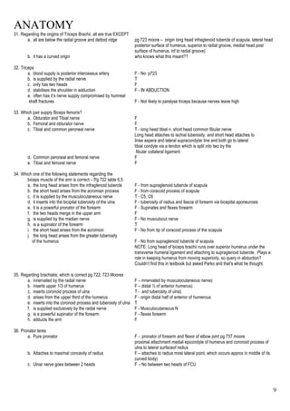 ANATOMY
9
31. Regarding the origins of Triceps Brachii, all are true EXCEPT
a. all are below the radial groove and deltoid ridge pg 723 moore – origin long head infraglenoid tubercle of scapula, lateral head
posterior surface of humerus, superior to radial groove, medial head post
surface of humerus, inf to radial groove)
b. it has a curved origin who knows what this meant??
32. Triceps
a. blood supply is posterior interosseus artery F - No. p723
b. is supplied by the radial nerve T
c. only has two heads F
d. stabilises the shoulder in adduction F - IN ABDUCTION
e. often has it’s nerve supply compromised by humreal
shaft fractures F - Not likely to paralyse triceps because nerves leave high
33. Which pair supply Biceps femoris?
a. Obturator and Tibial nerve F
b. Femoral and obturator nerve F
c. Tibial and common peroneal nerve T - long head tibial n, short head common fibular nerve
Long head attaches to ischial tuberosity and short head attaches to
linea aspera and lateral supracondylar line and both go to lateral
tibial condyle via a tendon which is split into two by the
fibular collateral ligament
d. Common peroneal and femoral nerve F
e. Tibial and femoral nerve F
34. Which one of the following statements regarding the
biceps muscle of the arm is correct – Pg 722 table 6.5
a. the long head arises from the infraglenoid tubercle F - from supraglenoid tubercle of scapula
b. the short head arises from the acromian process F - from coracoid process of scapula
c. it is supplied by the musculocutaneous nerve T - C5, C6
d. it inserts into the bicipital tuberosity of the ulna F - tuberosity of radius and fascia of forearm via bicepital aponeurosis
e. it is a powerful pronator of the forearm F - Supinates and flexes forearm
f. the two heads merge in the upper arm F
g. is supplied by the median nerve F - No musculocut nerve
h. is a supinator of the forearm T
i. the short head arises from the acromion F - No from tip of coracoid process of the scapula
j. the long head arises from the greater tuberosity
of the humerus F - No from supraglenoid tubercle of scapula
NOTE: Long head of biceps brachii runs over superior humerus under the
transverse humeral ligament and attaching to supraglenoid tubercle. Plays a
role in keeping humerus from moving superiorly, so query in abduction?
Couldn’t find this in textbook but asked Parko and that’s what he thought.
35. Regarding brachialis; which is correct pg 722, 723 Moores
a. innervated by the radial nerve F – innervated by musculocutaneous nerve)
b. inserts upper 1/3 of humerus F – distal ½ of anterior humerus)
c. inserts coronoid process of ulna T - and tuberosity of ulna)
d. arises from the upper third of the humerus F - origin distal half of anterior of humerous
e. inserts into the coronoid process and tuberosity of ulna T
f. is supplied exclusively by the radial nerve F - Musculocutaneous N
g. is a powerful supinator of the forearm F - flexes forearm
h. adducts the arm F
36. Pronator teres
a. Pure pronator F - pronator of forearm and flexor of elbow joint pg 737 moore
proximal attachment medial epicondyle of humerus and coronoid process of
ulna to lateral surfaceof redius
b. Attaches to maximal concavity of radius F – attaches to radius most lateral point, which occurs approx in middle of its
curved body)
c. Ulnar nerve goes between 2 heads F – No between two heads of FCU
 