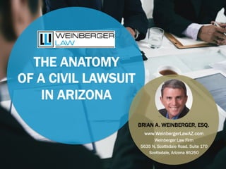 THE ANATOMY
OF A CIVIL LAWSUIT
IN ARIZONA
www.WeinbergerLawAZ.com
Weinberger Law Firm
5635 N. Scottsdale Road, Suite 170
Scottsdale, Arizona 85250
	
  
BRIAN A. WEINBERGER, ESQ.
 