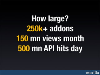 How large?
   250k+ addons
150 mn views month
500 mn API hits day

                      mozilla
 