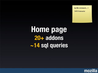 big SQL statements... :(

                  14313 character




Home page
 20+ addons
~14 sql queries



                                  mozilla
 