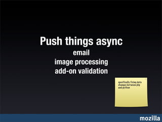 Push things async
       email
  image processing
  add-on validation
                      specifically fixing data
                      changes bet ween php
                      and python




                                           mozilla
 