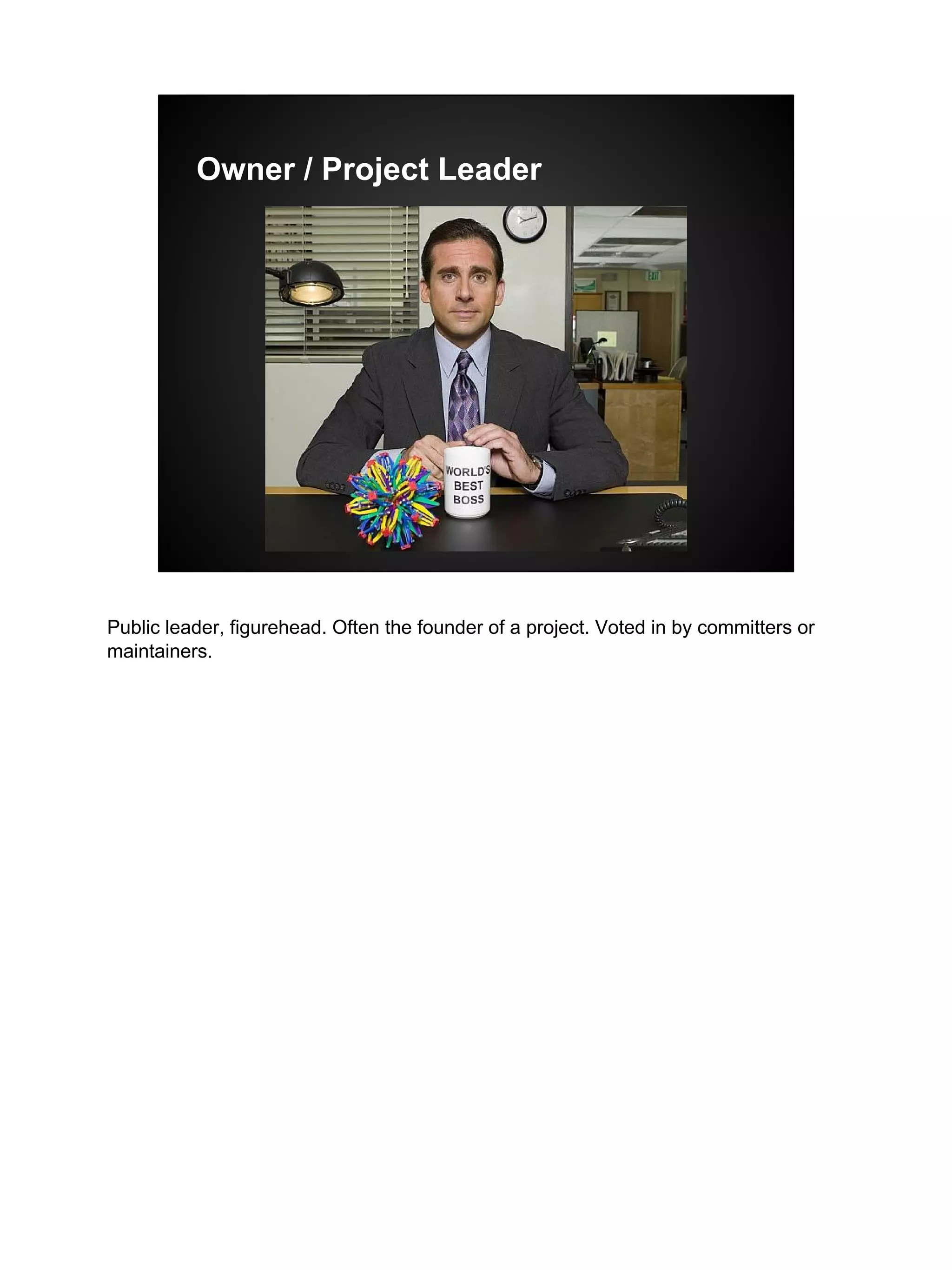 Owner / Project Leader
Public leader, figurehead. Often the founder of a project. Voted in by committers or
maintainers.
 