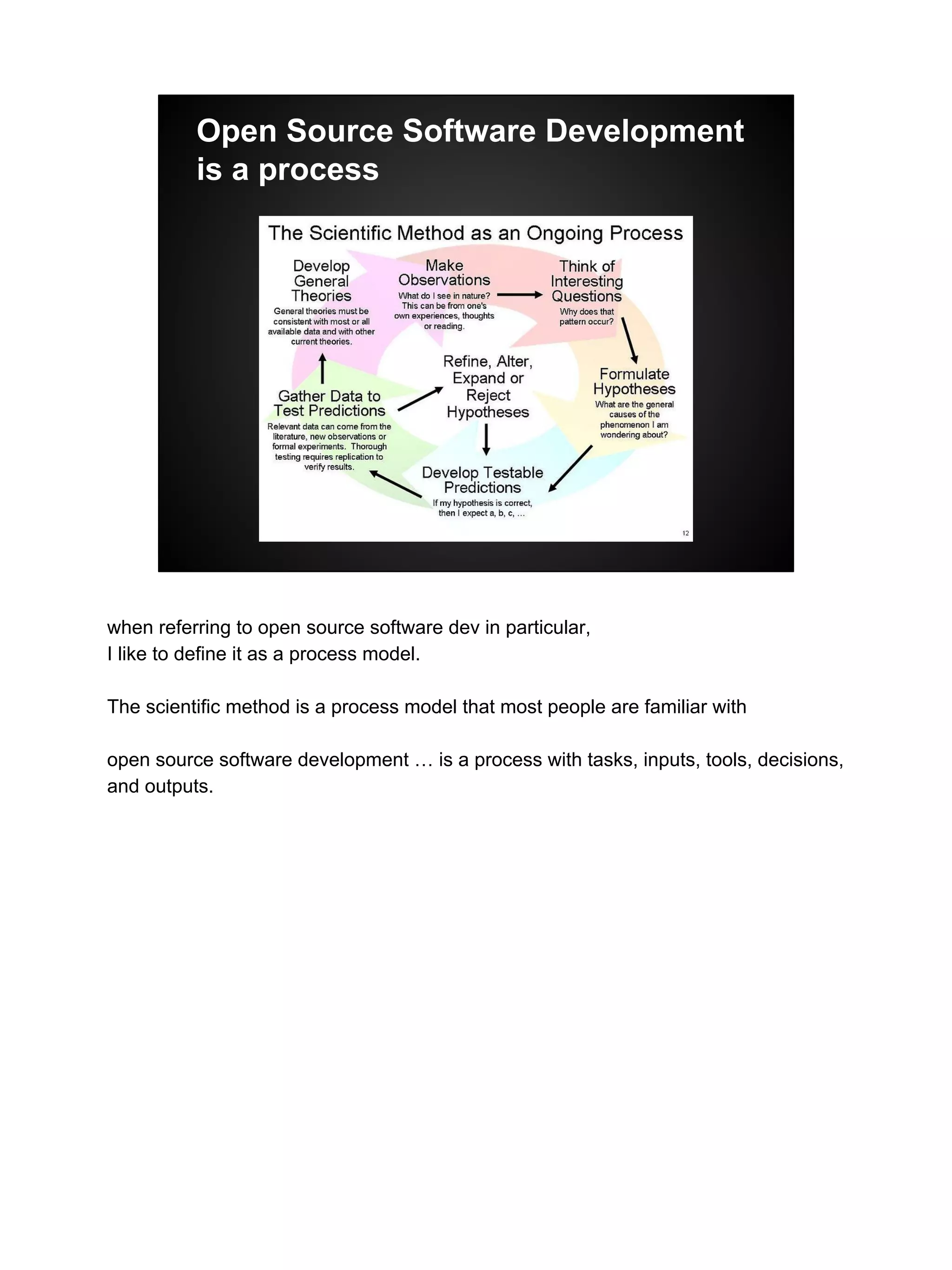 Open Source Software Development
is a process
when referring to open source software dev in particular,
I like to define it as a process model.
The scientific method is a process model that most people are familiar with
open source software development … is a process with tasks, inputs, tools, decisions,
and outputs.
 