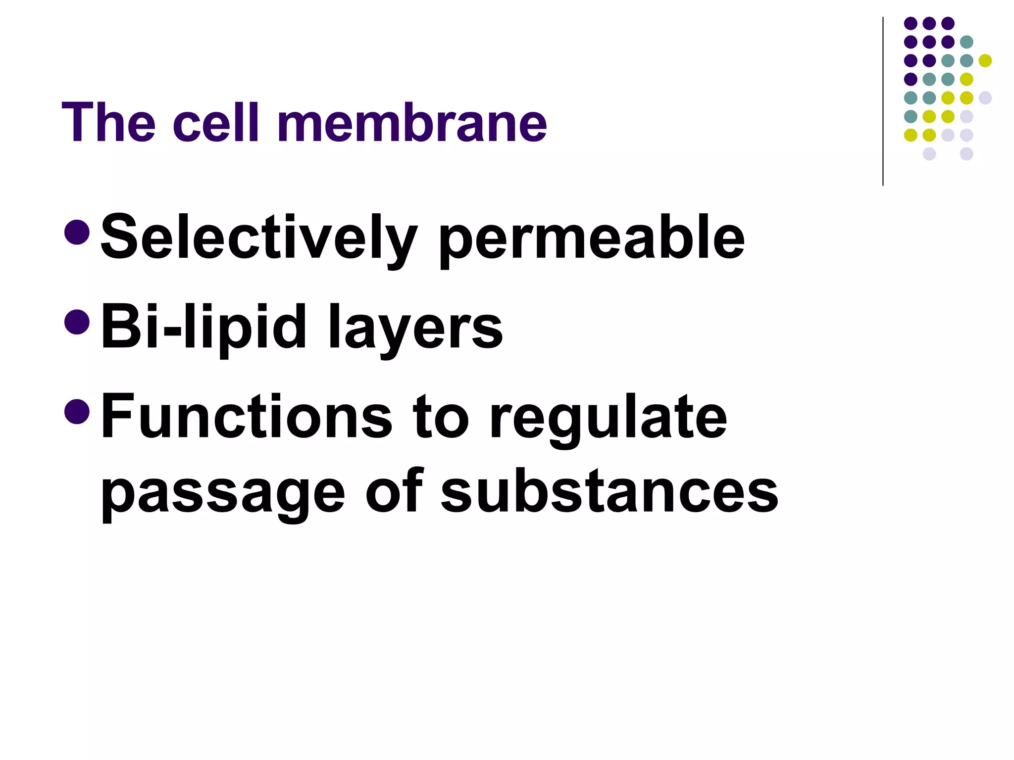 The cell membrane Selectively permeable Bi-lipid layers Functions to regulate passage of substances 