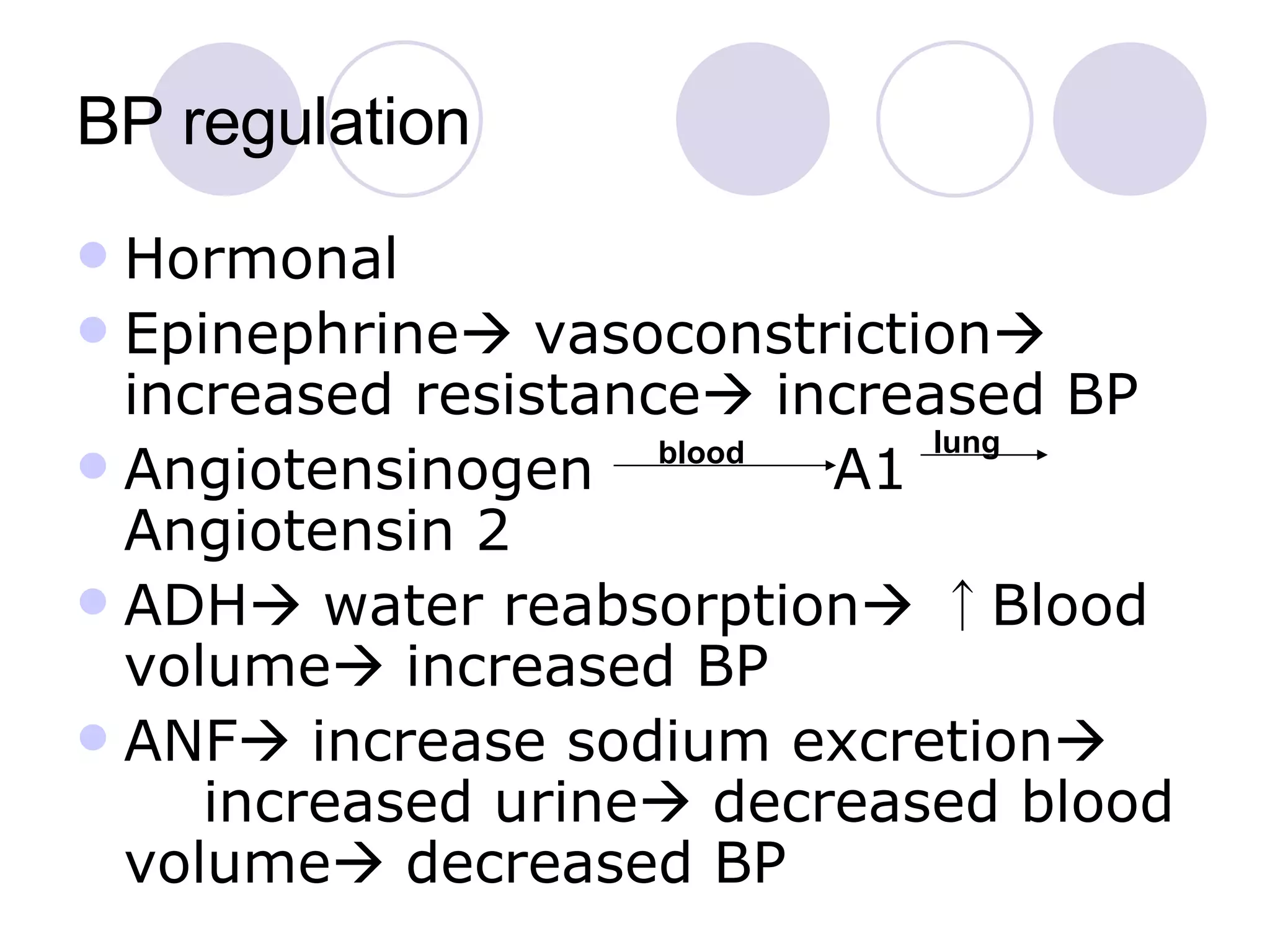 BP regulation Hormonal Epinephrine   vasoconstriction   increased resistance   increased BP Angiotensinogen  A1  Angiotensin 2 ADH   water reabsorption    ↑Blood volume   increased BP ANF   increase sodium excretion  increased urine   decreased blood volume   decreased BP blood lung 