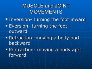 MUSCLE and JOINT MOVEMENTS Inversion- turning the foot inward Eversion- turning the foot outward Retraction- moving a body part backward Protraction- moving a body aprt forward 
