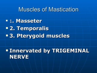 Muscles of Mastication 1 . Masseter 2. Temporalis 3. Pterygoid muscles Innervated by TRIGEMINAL NERVE 