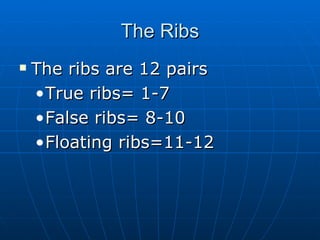 The Ribs The ribs are 12 pairs True ribs= 1-7 False ribs= 8-10 Floating ribs=11-12 