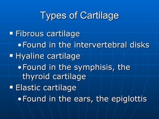 Types of Cartilage Fibrous cartilage Found in the intervertebral disks Hyaline cartilage Found in the symphisis, the thyroid cartilage Elastic cartilage Found in the ears, the epiglottis 