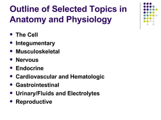 Outline of Selected Topics in Anatomy and Physiology The Cell Integumentary  Musculoskeletal Nervous Endocrine Cardiovascular and Hematologic Gastrointestinal Urinary/Fluids and Electrolytes Reproductive 