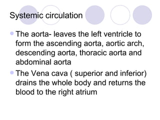 Systemic circulation The aorta- leaves the left ventricle to form the ascending aorta, aortic arch, descending aorta, thoracic aorta and abdominal aorta The Vena cava ( superior and inferior) drains the whole body and returns the blood to the right atrium 