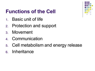 Functions of the Cell Basic unit of life Protection and support Movement Communication Cell metabolism and energy release Inheritance 