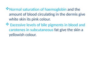 Normal saturation of haemoglobin and the
amount of blood circulating in the dermis give
white skin its pink colour.
 Excessive levels of bile pigments in blood and
carotenes in subcutaneous fat give the skin a
yellowish colour.
 