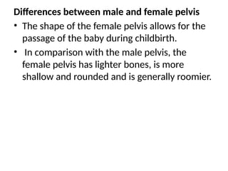 Differences between male and female pelvis
• The shape of the female pelvis allows for the
passage of the baby during childbirth.
• In comparison with the male pelvis, the
female pelvis has lighter bones, is more
shallow and rounded and is generally roomier.
 
