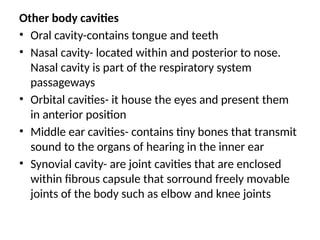Other body cavities
• Oral cavity-contains tongue and teeth
• Nasal cavity- located within and posterior to nose.
Nasal cavity is part of the respiratory system
passageways
• Orbital cavities- it house the eyes and present them
in anterior position
• Middle ear cavities- contains tiny bones that transmit
sound to the organs of hearing in the inner ear
• Synovial cavity- are joint cavities that are enclosed
within fibrous capsule that sorround freely movable
joints of the body such as elbow and knee joints
 