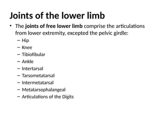 Joints of the lower limb
• The joints of free lower limb comprise the articulations
from lower extremity, excepted the pelvic girdle:
– Hip
– Knee
– Tibiofibular
– Ankle
– Intertarsal
– Tarsometatarsal
– Intermetatarsal
– Metatarsophalangeal
– Articulations of the Digits
 