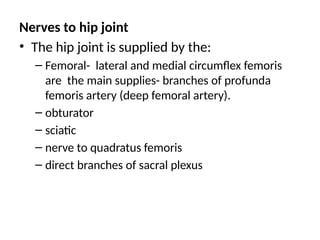 Nerves to hip joint
• The hip joint is supplied by the:
– Femoral- lateral and medial circumflex femoris
are the main supplies- branches of profunda
femoris artery (deep femoral artery).
– obturator
– sciatic
– nerve to quadratus femoris
– direct branches of sacral plexus
 