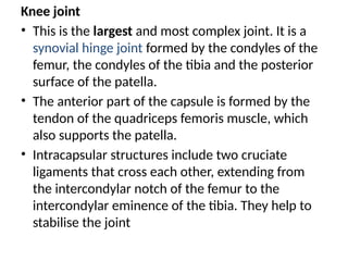 Knee joint
• This is the largest and most complex joint. It is a
synovial hinge joint formed by the condyles of the
femur, the condyles of the tibia and the posterior
surface of the patella.
• The anterior part of the capsule is formed by the
tendon of the quadriceps femoris muscle, which
also supports the patella.
• Intracapsular structures include two cruciate
ligaments that cross each other, extending from
the intercondylar notch of the femur to the
intercondylar eminence of the tibia. They help to
stabilise the joint
 