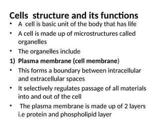 Cells structure and its functions
• A cell is basic unit of the body that has life
• A cell is made up of microstructures called
organelles
• The organelles include
1) Plasma membrane (cell membrane)
• This forms a boundary between intracellular
and extracellular spaces
• It selectively regulates passage of all materials
into and out of the cell
• The plasma membrane is made up of 2 layers
i.e protein and phospholipid layer
 