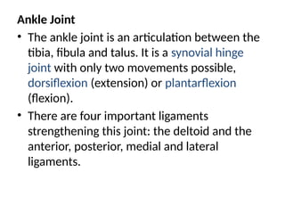 Ankle Joint
• The ankle joint is an articulation between the
tibia, fibula and talus. It is a synovial hinge
joint with only two movements possible,
dorsiflexion (extension) or plantarflexion
(flexion).
• There are four important ligaments
strengthening this joint: the deltoid and the
anterior, posterior, medial and lateral
ligaments.
 