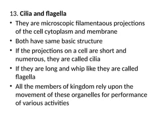 13. Cilia and flagella
• They are microscopic filamentaous projections
of the cell cytoplasm and membrane
• Both have same basic structure
• If the projections on a cell are short and
numerous, they are called cilia
• If they are long and whip like they are called
flagella
• All the members of kingdom rely upon the
movement of these organelles for performance
of various activities
 