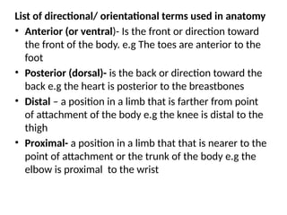 List of directional/ orientational terms used in anatomy
• Anterior (or ventral)- Is the front or direction toward
the front of the body. e.g The toes are anterior to the
foot
• Posterior (dorsal)- is the back or direction toward the
back e.g the heart is posterior to the breastbones
• Distal – a position in a limb that is farther from point
of attachment of the body e.g the knee is distal to the
thigh
• Proximal- a position in a limb that that is nearer to the
point of attachment or the trunk of the body e.g the
elbow is proximal to the wrist
 